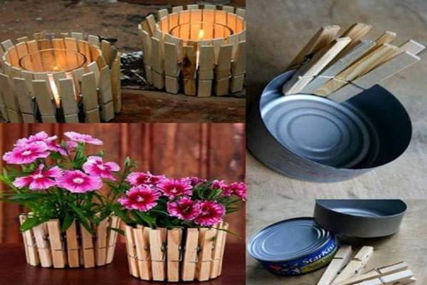 Kerzenhalter und Blumentöpfe aus Konservendosen und Wäscheklammern basteln
