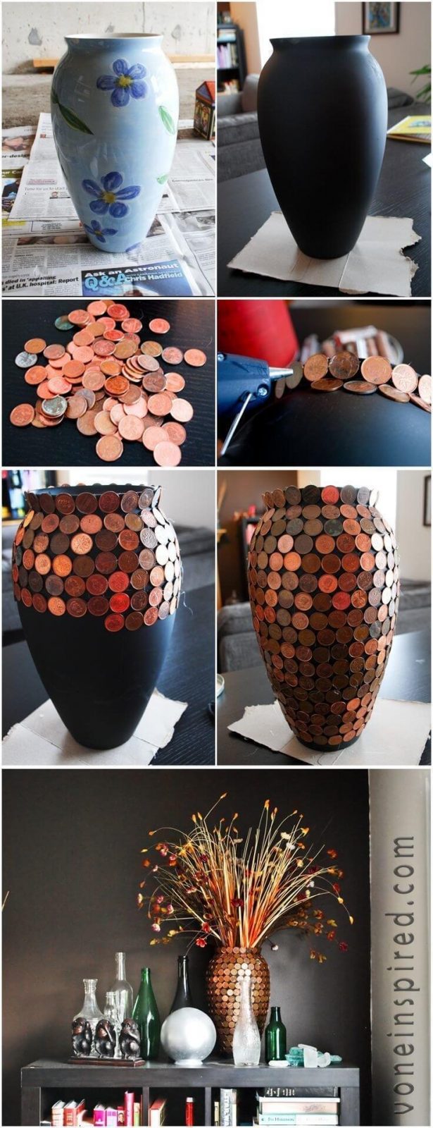 Blumenvase mit Münzen bekleben - DIY Bastelideen 