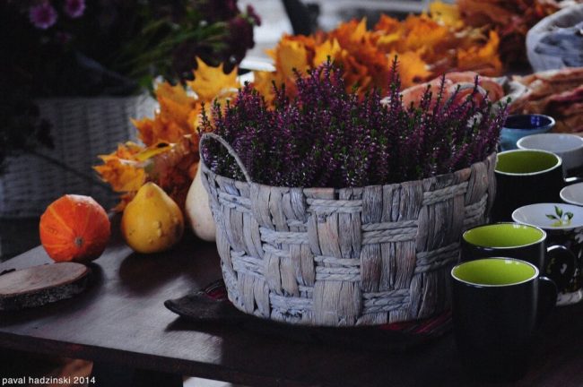Körbchen mit Blumen Tischdeko Ideen - Herbstdeko mit Blättern und Kürbissen