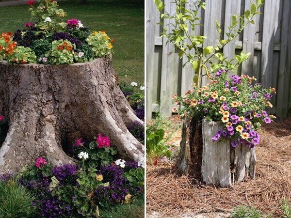 Gartengestaltung mit Blumen und Baumstämmen-Garten dekorieren
