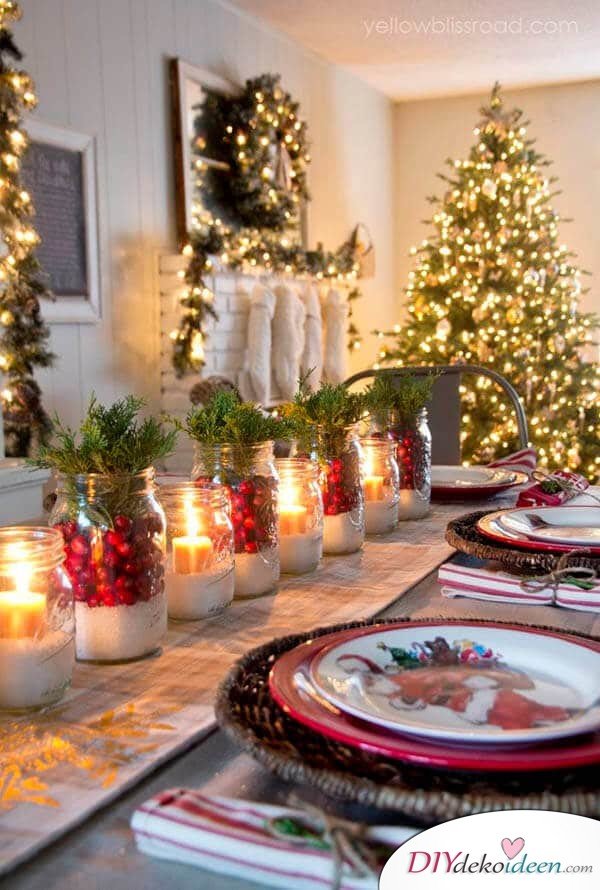 DIY table decor ideas for Christmas, decorate jam glasses with artificial snow and candles