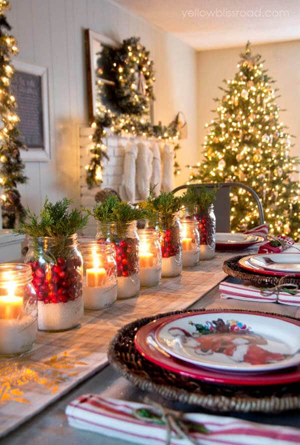 DIY table decor ideas for Christmas, decorate jam glasses with artificial snow and candles