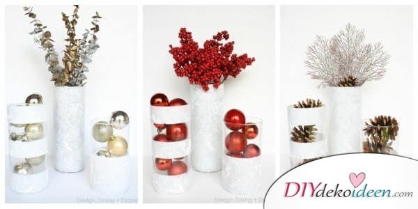DIY Weihnachtsdeko Bastelideen, rote, goldene, weiße Vase mit Schneespray