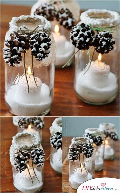 DIY table decor ideas for christmas, disposable glasses with toothpicks and artificial snow