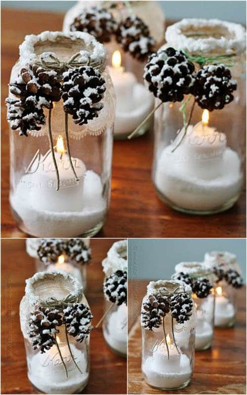 DIY table decor ideas for christmas, disposable glasses with toothpicks and artificial snow