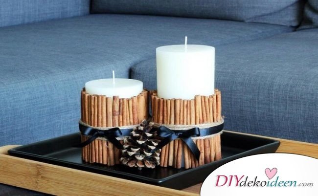 Bastelideen für DIY Geschenke zu Weihnachten, Kerzen mit Zimtstangen selber machen