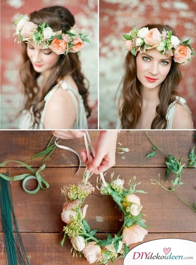 Brautfrisur mit Blumengesteck - Weiche Locken