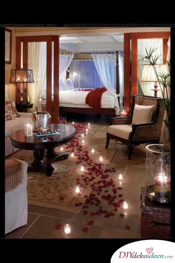 DIY Schlafzimmer Deko-Ideen zum Valentinstag: romantische Dekoration mit Kerzen