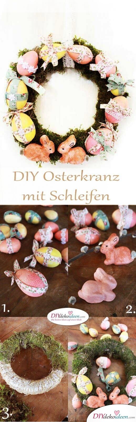 Basteln zu Ostern – DIY Dekoidee Osterkranz mit Schleifen 