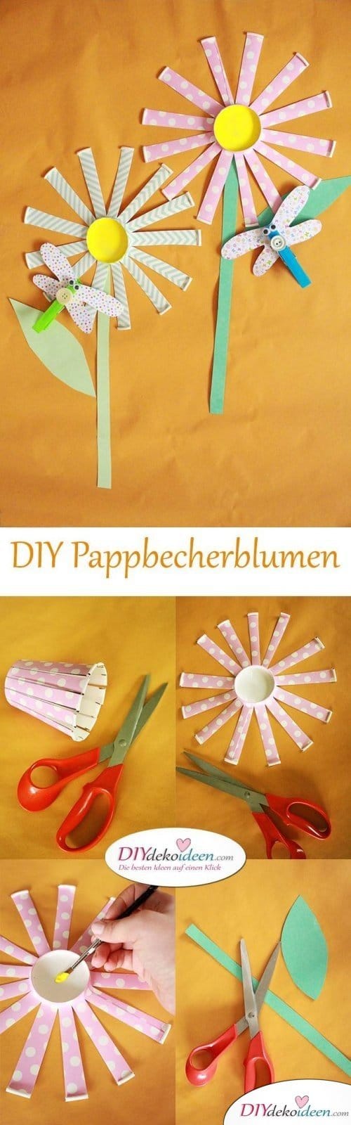 Pappbecherblumen basteln mit Kleinkindern - DIY Bastelideen für die Ferien