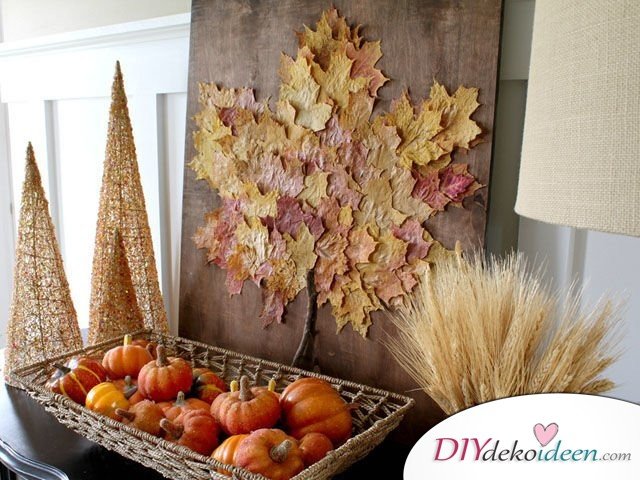Herbstdeko basteln mit Blättern - Blatt-Wandbild