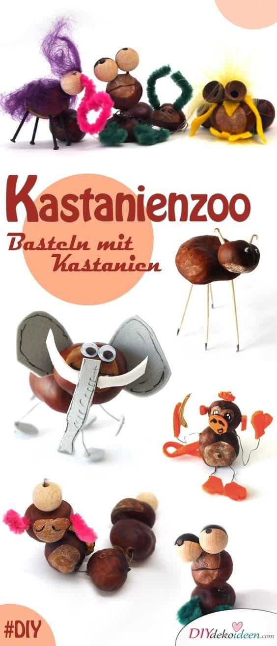 Kastanienmännchen - Herbstdeko basteln mit Kastanien - Zootiere 