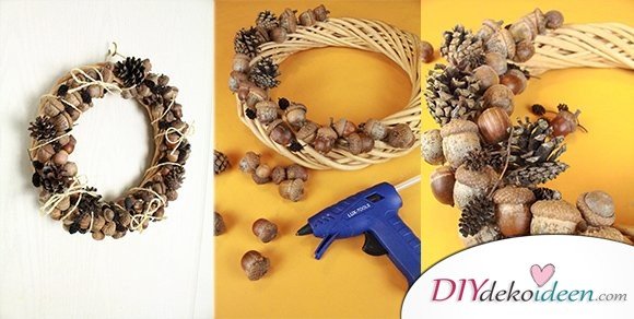 DIY Bastelidee rustikaler Türschmuck – Herbstkranz basteln aus Eicheln DIY Bastelidee rustikaler Türschmuck – Herbstkranz basteln aus Eicheln