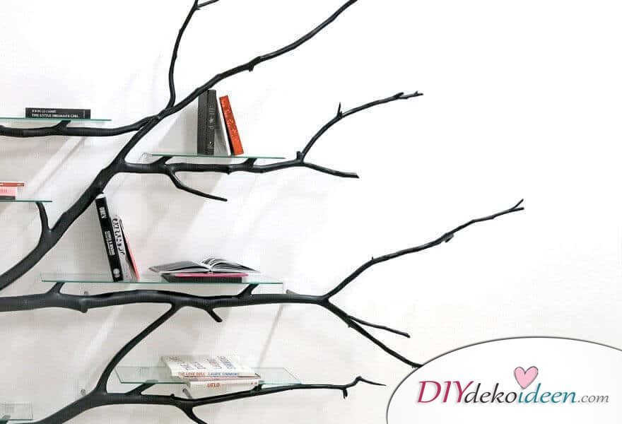 DIY Bücherregal aus Äste basteln - moderne Wohndeko mit naturhaften Elementen