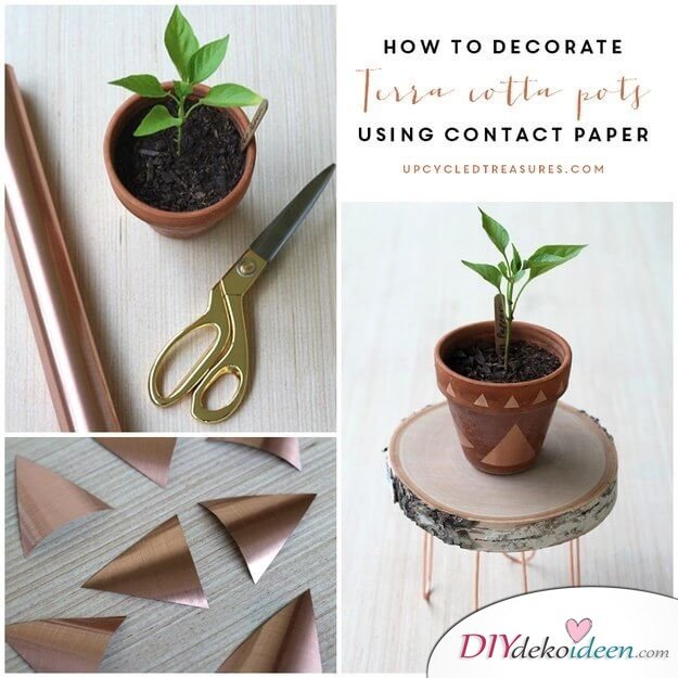 DIY Wohndeko Bastelideen-Blumentopf mit Kontaktpapier veredeln