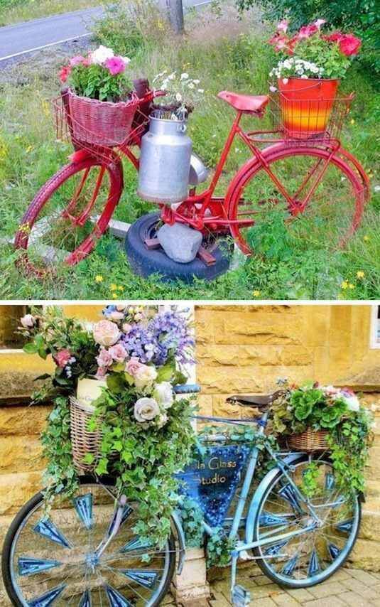 Gartendeko mit Blumen - Fahrrad weiderverwenden