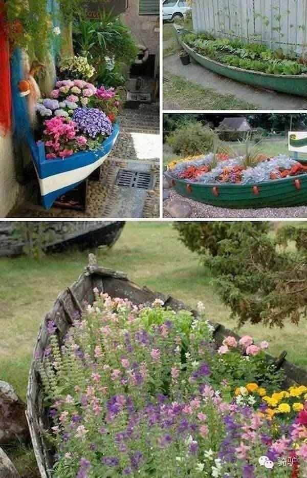 Bumen in ein altes Boot pflanzen - rustikale Gartendeko selber machen