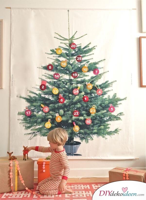 Adventskalender selber basteln, Filzkugel an den Weihnachtsbaum hängen