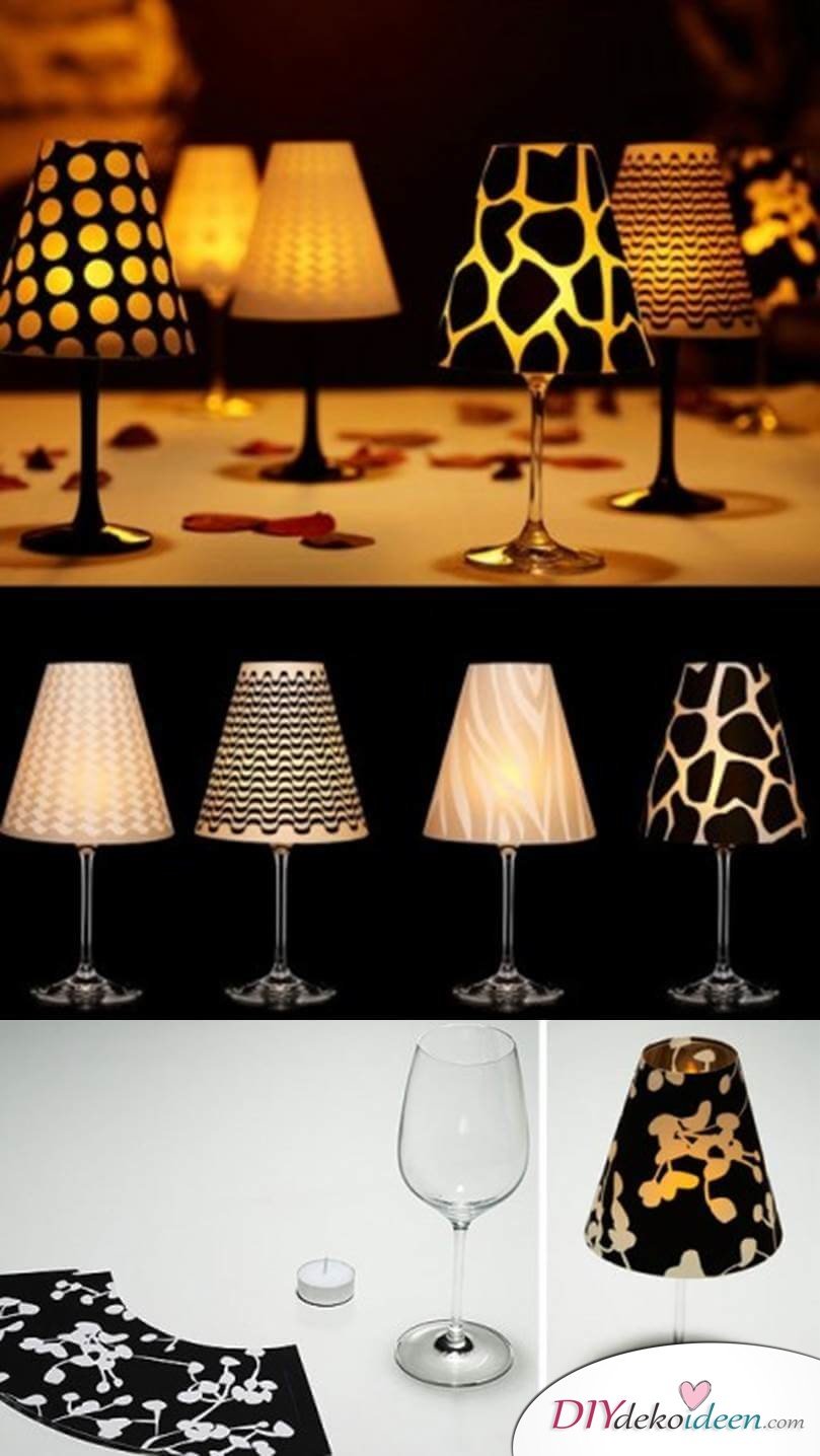 Deko-Kerzenhalter selber machen, Bastelidee mit Dekopapier, Mini Lampe, Lampenschirm basteln mit Weingläsern