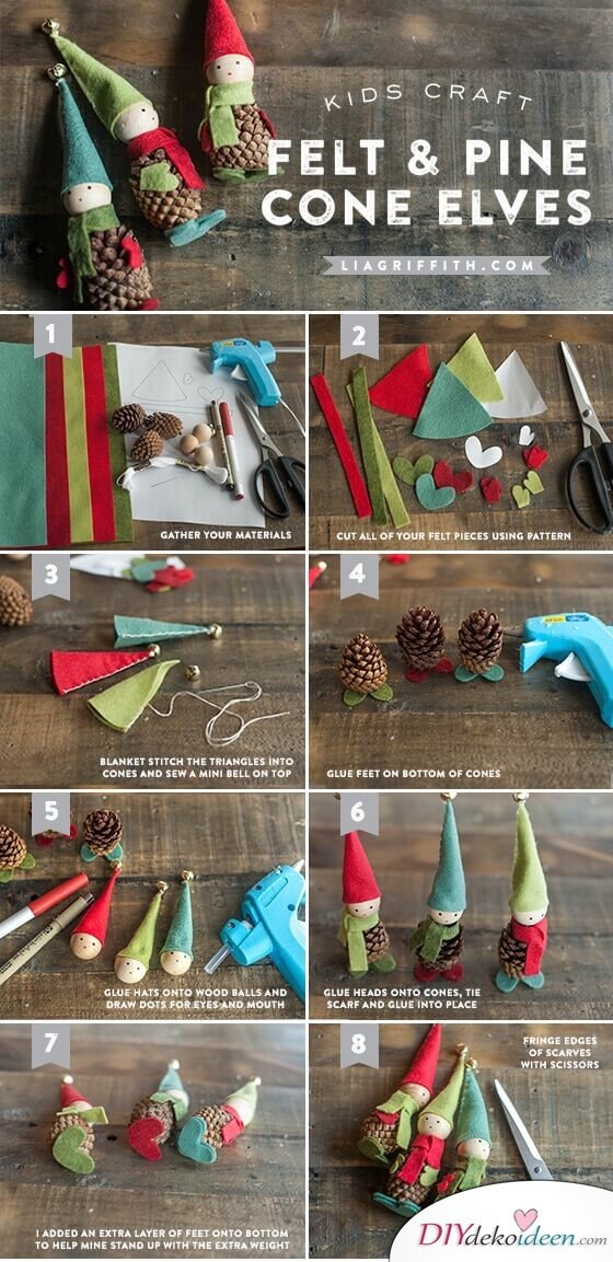 DIY Weihnachtsdeko Bastelideen mit Tannenzapfen-Weihnachtselfen basteln mit Kindern