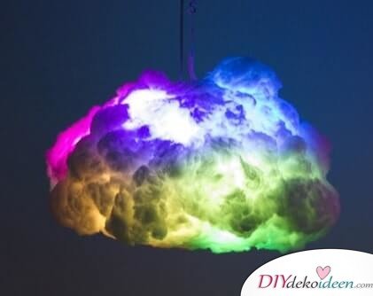 DIY Deko-Hängelampe, DIY Deko Hängelampe basteln, Bastelidee mit Watte, Wolkenlampe, leuchtende Wolke