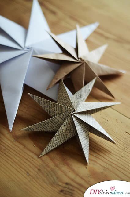 DIY Weihnachtsdeko und Bastelideen zu Weihnachten, Sterne basteln, Origami Sterne, Weihnachtsschmuck aus Papier falten