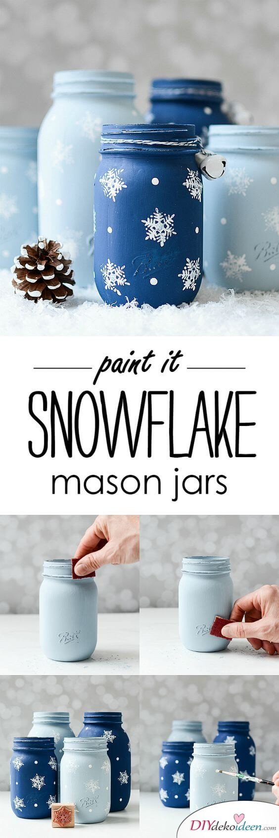 Winterdeko aus Einmachgläsern basteln - Schneeflocken aus Weckgläser malen