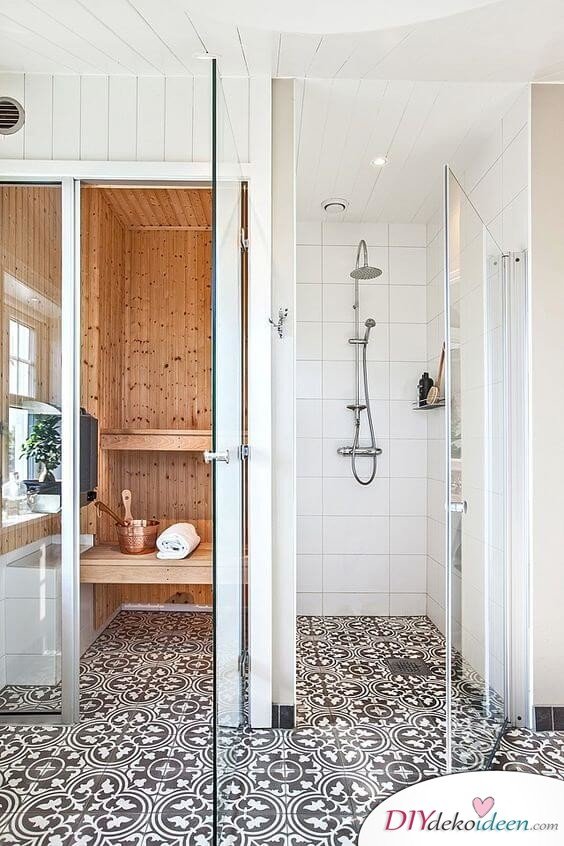 Fliesen-Deko Ideen: modernes Badezimmer mit moderner Einrichtung, Dusche und Sauna