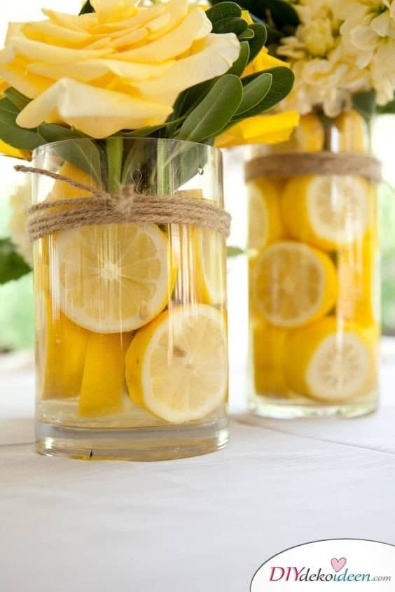 Tischdeko mit Zitronen - DIY Vasen Tischschmuck