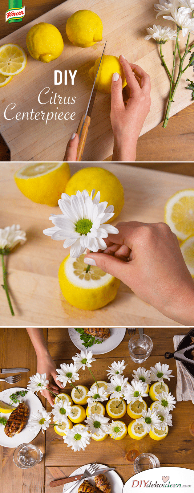 Tischdeko mit Zitronen - DIY Vasen Blumenschmuck