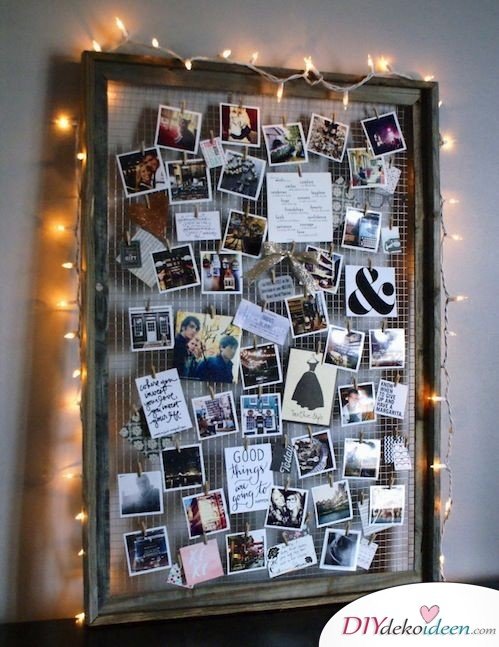 30+ Fotowände und Fotocollagen Ideen - Fotowand mit Lichterkette