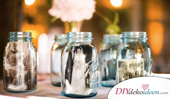 Hochzeitsdeko mit Einmachgläsern - Fotos im Glas