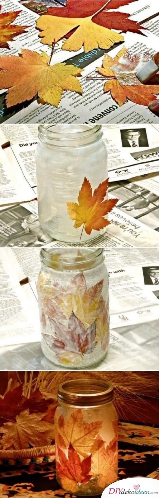Herbstdeko basteln mit Blättern - Herbst-Kerzenglas
