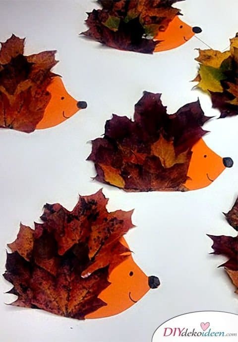 Herbstdeko basteln -DIY Bastelideen - Blatt Igel basteln mit Kindern