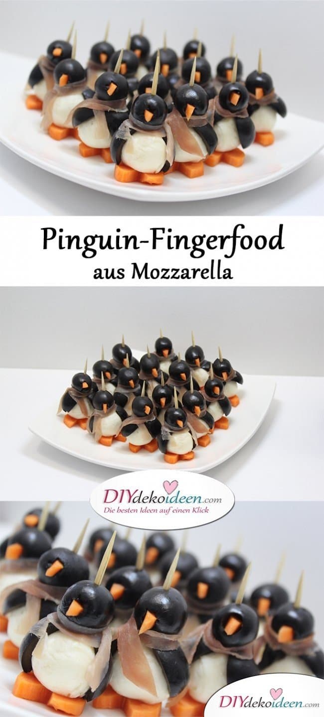 Pinguin-Fingerfood aus Mozzarella - Rezeptideen Fingerfood Party einfache Rezepte - Weihnachten Fingerfood - Silvester Party - Silvesterparty - Weihnachtsparty - Silvester Fingerfood - Silvester Rezepte -