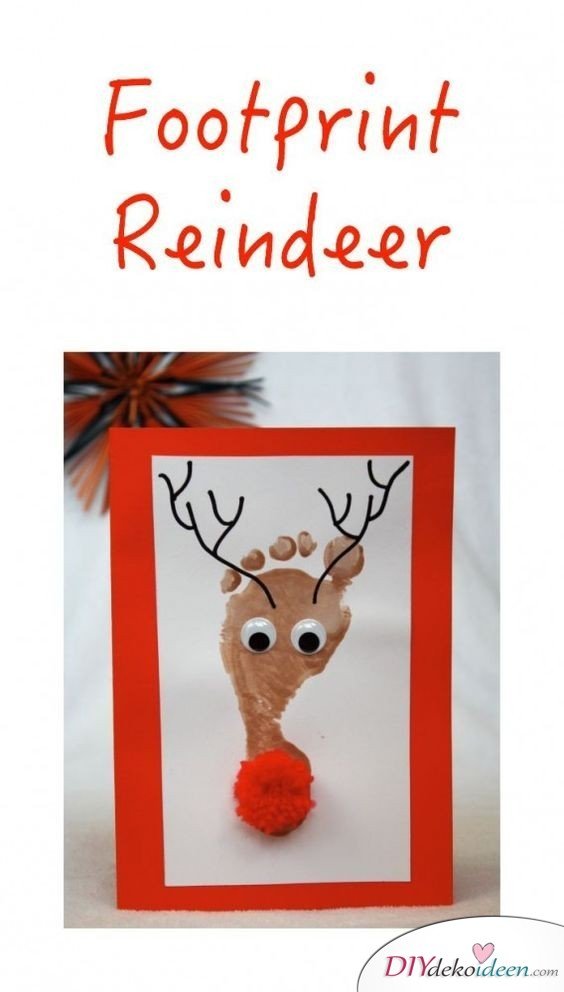 Fußabdruck Rentier - Weihnachtskarten basteln mit Kindern 