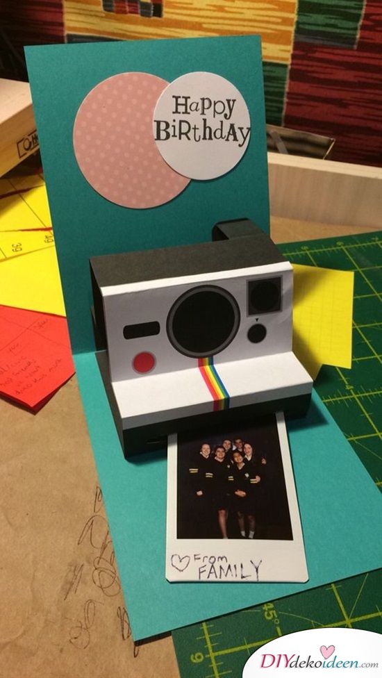 Aufklappbare Geburtstagskarte mit Polaroidkamera