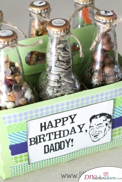 Geburtstagsgeschenk für Papa selber machen – Flaschen mit Snacks
