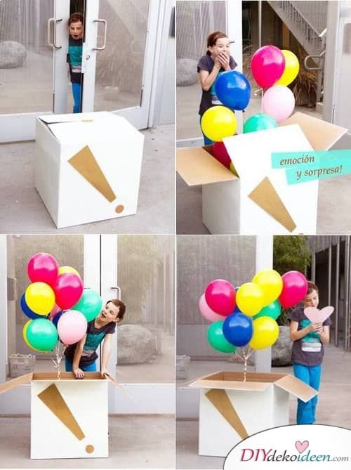 A cardboard box full of hot air balloons - One birthday surprise 